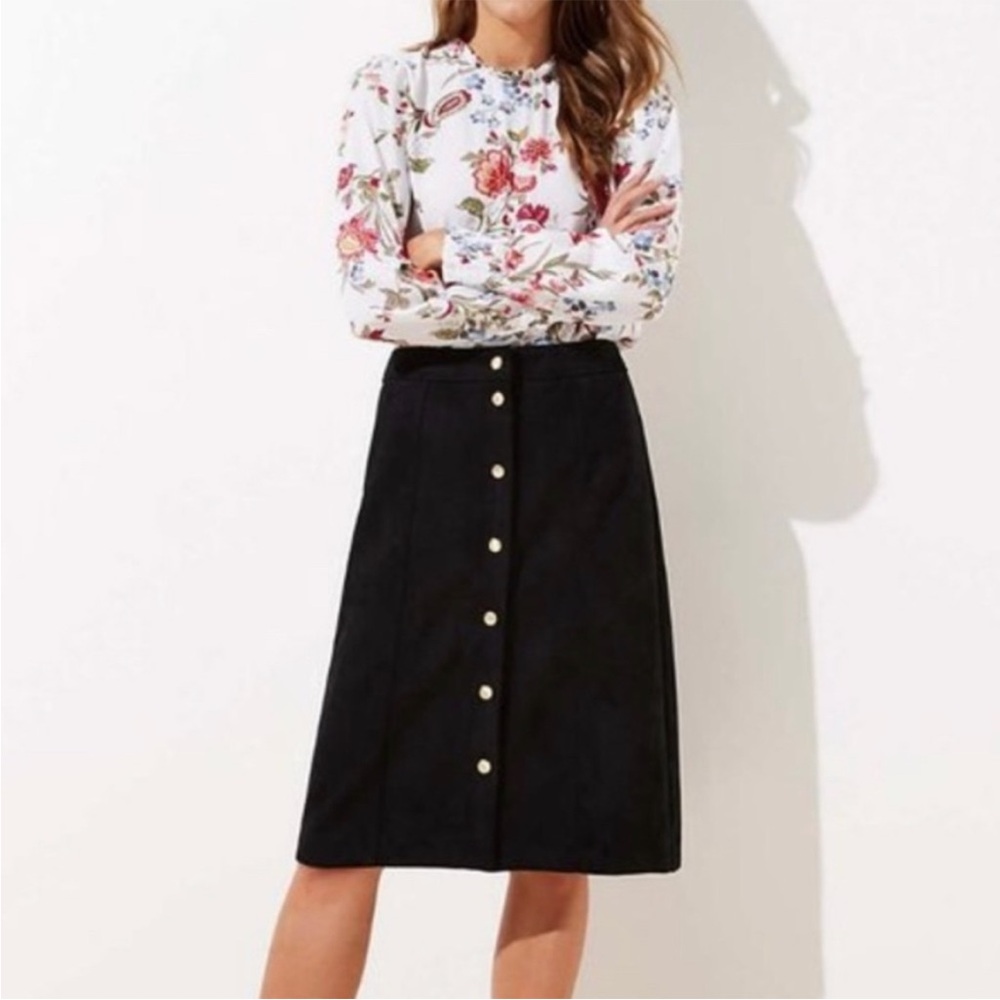 Loft Black Faux Suede Button Front Skirt Size 8
